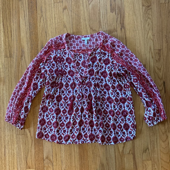 Joie Red and White Flowy Blouse, Tassels, Boho, Print, Size Small 100% Silk - Picture 7 of 12